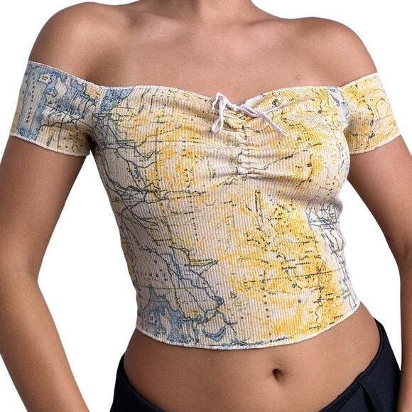 Urban Outfitters Map Print Crop Top Off The Shoulder Ruched Stretch Yellow Small - Picture 1 of 5